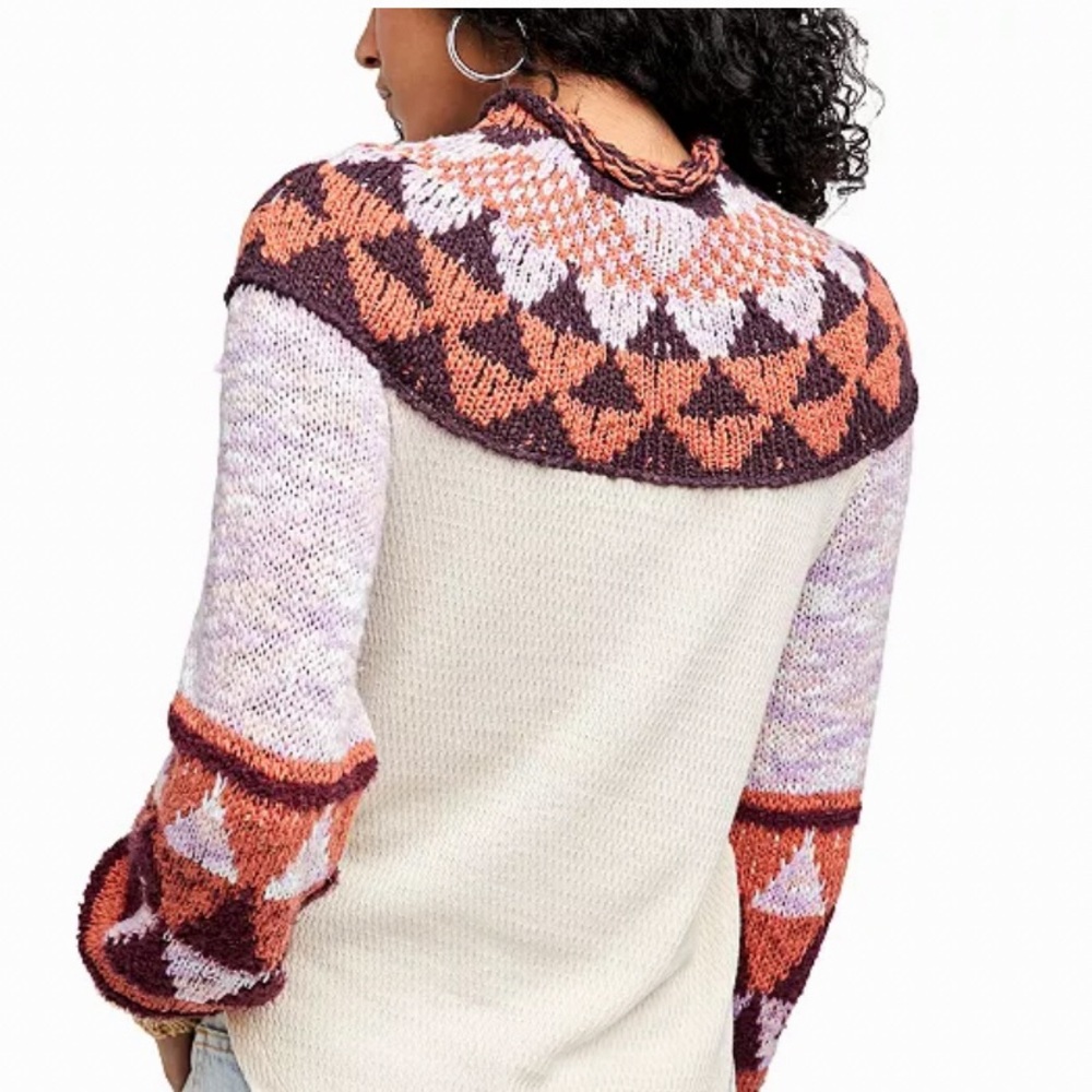 FREE PEOPLE CROCHET TURTLENECK SWEATER IN FEMME COMBO LONG PUFF SLEEVES